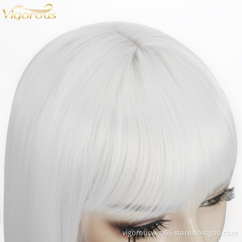 Women's Silve Color Short Bob Wig with Hair Bang Silky Synthetic None Lace Hair Wig Heat Resistant Short Straight Wave Wig